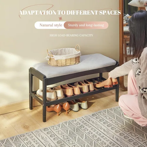 Miniatura 5 de STDDRE Banco para Zapatos de Entrada de Bambú de 2 Niveles Estante para Zapatos con Asiento Acolchado con Cojín, Organizador de Banco para Zapatos