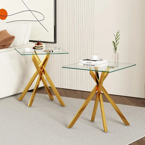 Miniatura 10 de Mesa auxiliar moderna de cristal, mesa auxiliar cuadrada para sofá, mesa auxiliar con parte superior de vidrio templado transparente y patas plateado