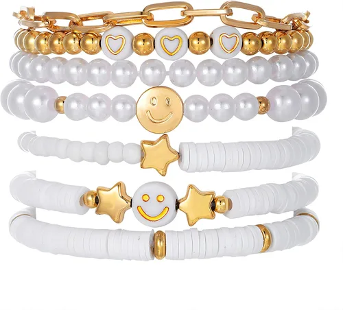 Preppy Heishi - Juego de pulseras de surfista Heishi, colorido, oro blanco, sonrisa, corazón, estrella, mal de ojo, cuentas de arcilla polimérica,