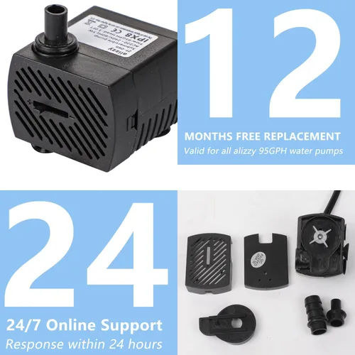 Miniatura 6 de alizzy Bomba de agua pequeña ultra silenciosa de 95 GPH (360 L/H, 5 W), mini bomba de agua sumergible de larga duración con tubo para fuente