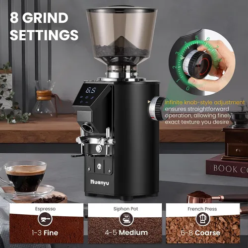 Miniatura 7 de Huanyu Molinillo de café comercial - Control de pantalla táctil, 8 ajustes de molienda, rebaba plana de 2.520 in, modos de dosificación dual