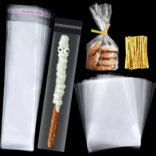 Miniatura 7 de ASTARON 200 bolsas de pretzel con lazos, bolsas de barra de pretzel, bolsas autoadhesivas para fiestas de cumpleaños, palitos de pretzels, bolsas