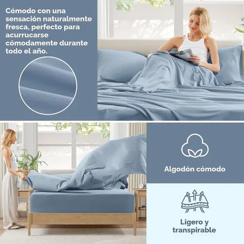 Miniatura 5 de Comfort Spaces Juego de sábanas 100% algodón transpirable, ligero, suave, con bolsillo elástico de 12 pulgadas que se adapta a colchones de hasta 14