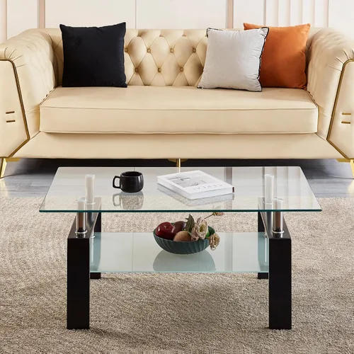 Miniatura 3 de Mesa de centro moderna de vidrio templado transparente, mesa auxiliar rectangular de 2 niveles con estante de almacenamiento inferior, patas de Negro