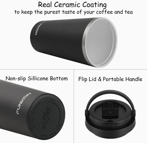 Miniatura 2 de Funkrin Taza de café aislada con revestimiento de cerámica, taza de café helado de 16 onzas con tapa abatible y asa, taza de viaje a prueba de fugas