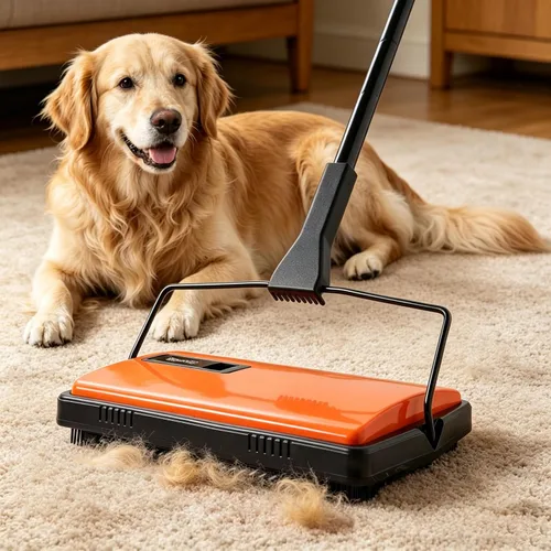 Miniatura 2 de CLEANHOME Escoba manual para alfombras y pelo de mascotas - Escoba de piso de cepillo doble, escoba ligera de presión para aulas/alfombras