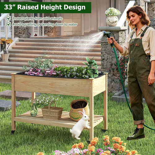 Miniatura 3 de Giantex Cama de jardín elevada móvil, maceta de madera con ruedas, estante de almacenamiento y forro, cama elevada enrollable de 47 x 23 x 33