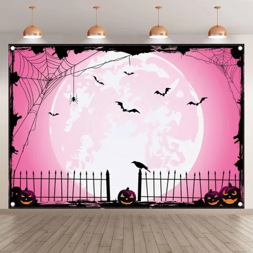 Miniatura 2 de Fondo de fotos de Halloween rosa de 7 x 5 pies para fiestas, parche de calabaza grande, imagen de luna, fondo de fotografía de bruja para niños