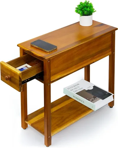 ENKEZI Mesa auxiliar estrecha con cajón y estante, mesa auxiliar delgada para espacios pequeños, mesita de noche para dormitorio o sala de estar,