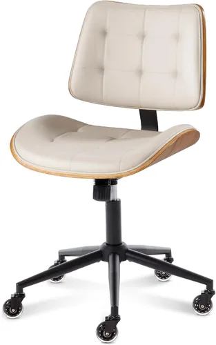 Miniatura 8 de Silla de escritorio de oficina en casa con ruedas, silla de oficina sin brazos de altura ajustable, piel sintética, respaldo medio, silla de Beige