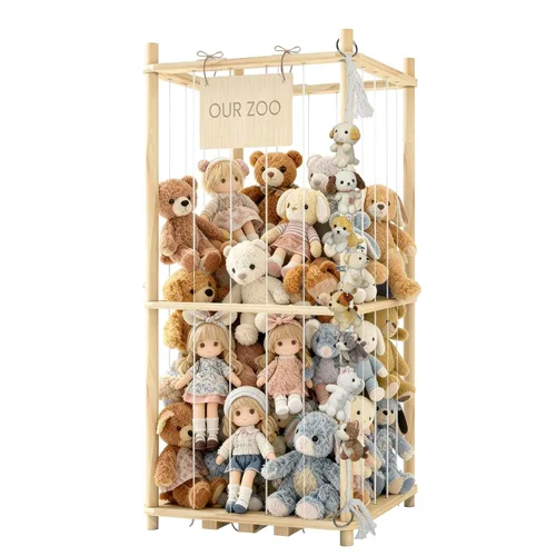 Organizador de almacenamiento de animales de peluche, soporte de madera para juguetes de zoológico para habitaciones, salas de juegos y dormitorios,
