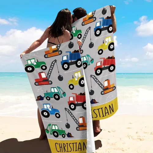 Miniatura 6 de Toalla de playa personalizada para niños, toalla de automóvil de construcción de secado rápido para niño con nombre personalizado, perfecta