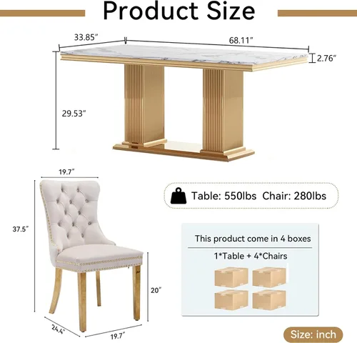 Miniatura 8 de Juego de mesa de comedor de 5 piezas, moderno juego de mesa de comedor para 4, 70 pulgadas, juego de mesa de comedor de mármol sintético blanco