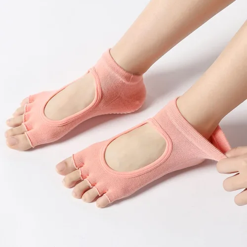 Miniatura 3 de Calcetines de yoga sin dedos para mujer, calcetines de pilates con agarres, de algodón, antideslizantes, con puntera abierta, para pilates, barra
