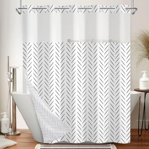 Miniatura 26 de No Hook Geometric Shower Curtain with Snap in Liner - 71″W x 74″L Waterproof Fabric with Mesh Top Window, Modern Abstract Triangle Design Bath