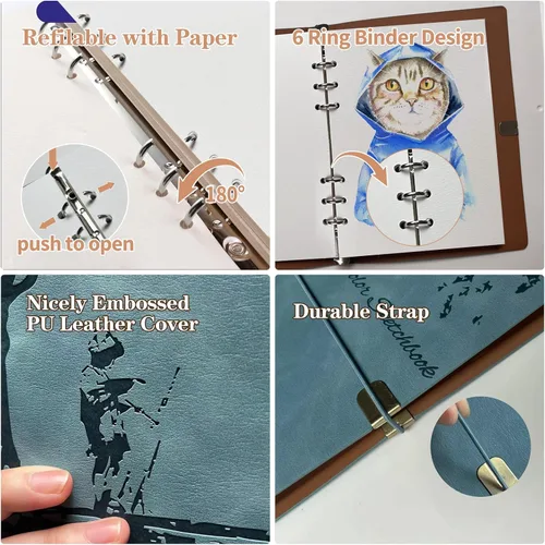 Miniatura 5 de Cuaderno de bocetos de acuarela, diario de acuarela de cuero, 9.06 x 6.69 pulgadas, 140 libras/300 GSM, 24 hojas, 48 páginas, papel de acuarela 100%