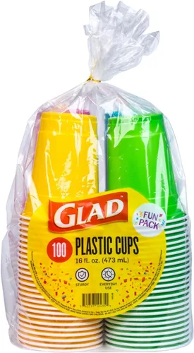 Glad Paquete divertido de vasos de plástico en 4 colores: rosa, verde, azul y amarillo, vasos resistentes para fiesta en colores brillantes, ideales