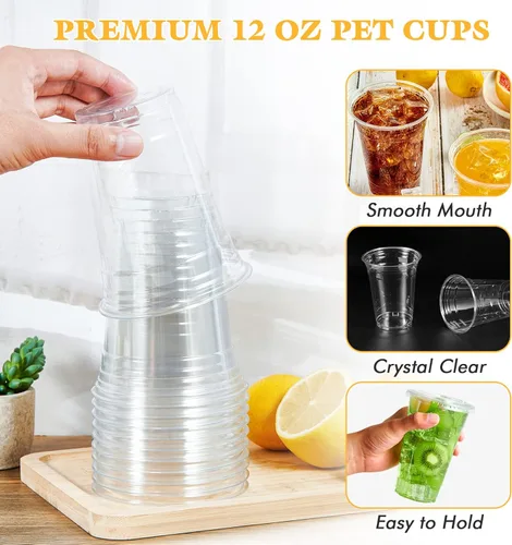Miniatura 5 de Vplus Paquete de 200 vasos de plástico transparente PET de 12 onzas con tapas, vasos de plástico desechables en frío de 12 onzas con tapas planas