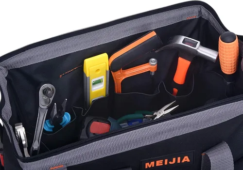 Miniatura 9 de MEIJIA Bolsa de herramientas impermeable resistente, organizador de herramientas de lona de boca ancha de 14 pulgadas con correa de hombro ajustable