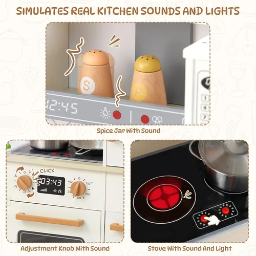 Miniatura 5 de Freniland Cocina de juego de madera, juego de cocina para niños con luz y sonido reales, máquina de hielo realista, estufa y horno, juguete