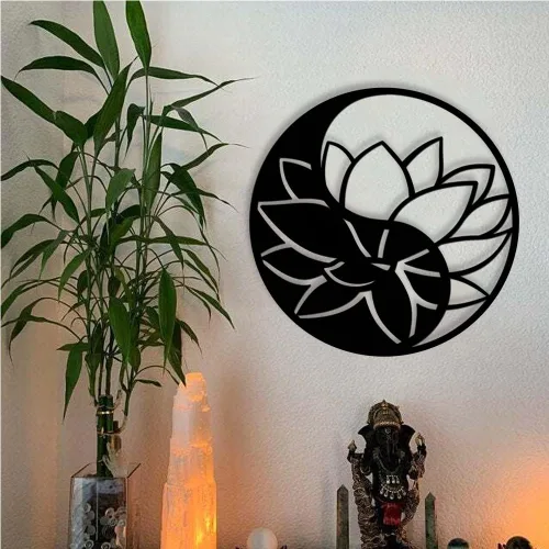 Miniatura 3 de Decoración de Yin Yang de metal con flor de loto para escultura de pared, decoración de pared para colgar en la pared para el hogar, oficina, baño