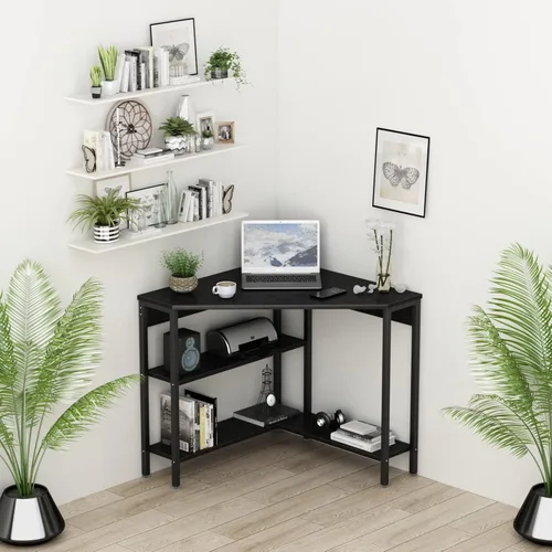 Miniatura 9 de Auromie Escritorio esquinero con tomas y puertos USB, mesa de esquina triangular de 90 grados con soporte para CPU y estantes de almacenamiento