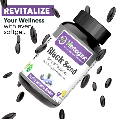 Miniatura 6 de HERBOGANIC Cápsulas blandas de aceite negro prensado en frío, 90 unidades, mezcladas con otros productos herbarios, apoya la salud general