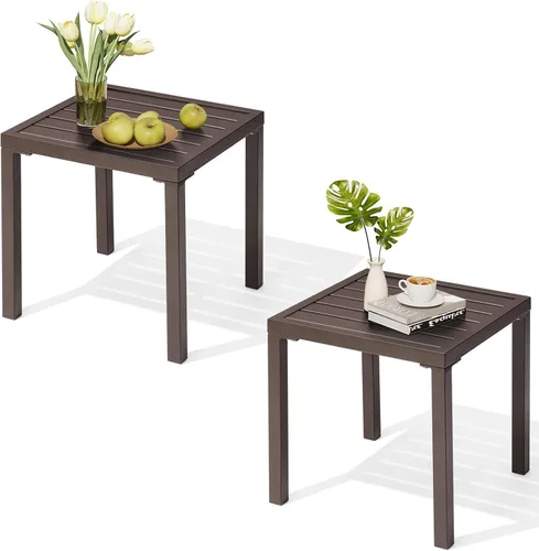 Miniatura 10 de Crestlive Products Mesa auxiliar para exteriores, pequeña mesa auxiliar cuadrada de metal, fácil montaje y resistente a la intemperie, mesas Marrón