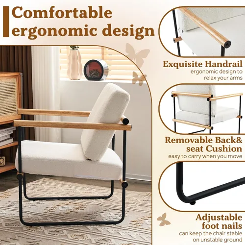 Miniatura 9 de Silla decorativa de tela Boucle de 29 pulgadas para dormitorio, sillón moderno para sala de estar, sillón de lectura tapizado con brazos de metal