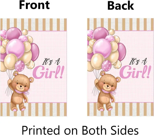 Miniatura 2 de Bandera de jardín con texto en inglés "It's A Girl" de doble cara de 12 x 18 pulgadas, globos de oso de peluche para bebé niña, decoración de patio