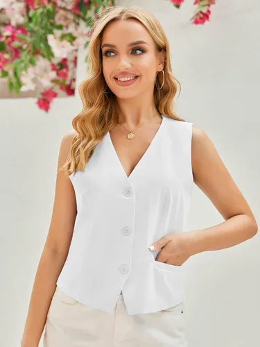 Miniatura 3 de GAMISOTE Chaleco con botones para mujer, estilo vintage, sin mangas, cuello en V, elástico, de gasa, chaleco