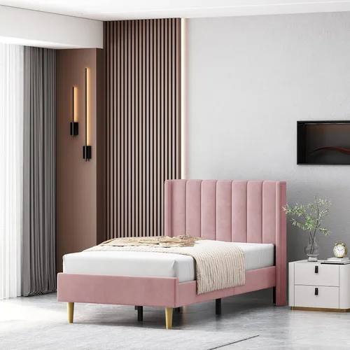 Miniatura 48 de Base de cama Queen con cabecero, base de cama de plataforma con respaldo de terciopelo vertical copetudo, soporte de listones de madera, no necesita