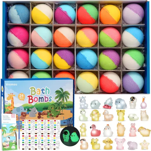 Bombas de baño para niños, paquete de 24 bombas de baño para niños con juguetes de baño que brillan en la oscuridad y pintura de acuarela, baño de