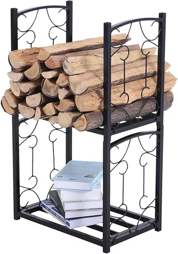 PHI VILLA Estante de leña de 2 capas resistente, soporte de doble capa para leña de chimenea, estante de almacenamiento con clasificación para