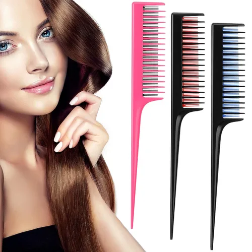 Miniatura 8 de Leinuosen Peine de cola de rata triple de 8 pulgadas con púa para mujer, corte ligero, seccionado, peine de dientes finos para retropeinar, añadir
