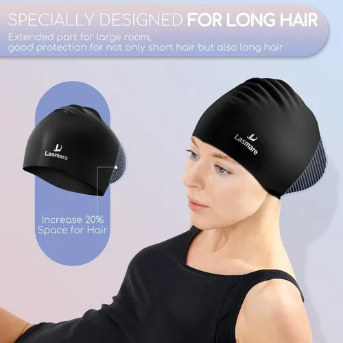 Miniatura 5 de Long Hair Swim Cap for Women 2 Pack, Silicone Swimming Caps for Unisex Adult Women Men with Ear Plugs & Nose Clip Set, Waterproof Adult Swim Hats
