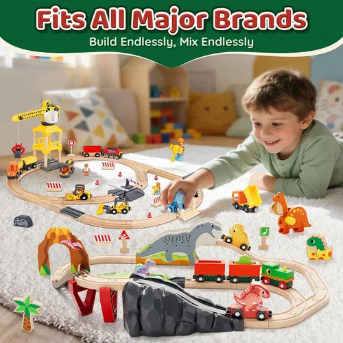 Miniatura 4 de Lehoo Castle Juego de tren de madera - Juego de tren de dinosaurio para niños pequeños de 2 a 4 años, pista de tren de madera, juguetes para niños