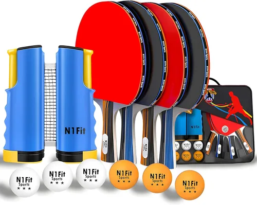 N1fit Juego de paletas de ping-pong, 4 raquetas profesionales, red retráctil, 6 pelotas de cerdo y estuche de transporte, juego de tenis de mesa