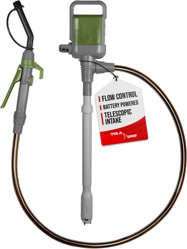 TERA PUMP Bomba de transferencia de combustible portátil TRCDM de 2ª generación con boquilla de control de flujo (2.6 galones/minuto), tubo de