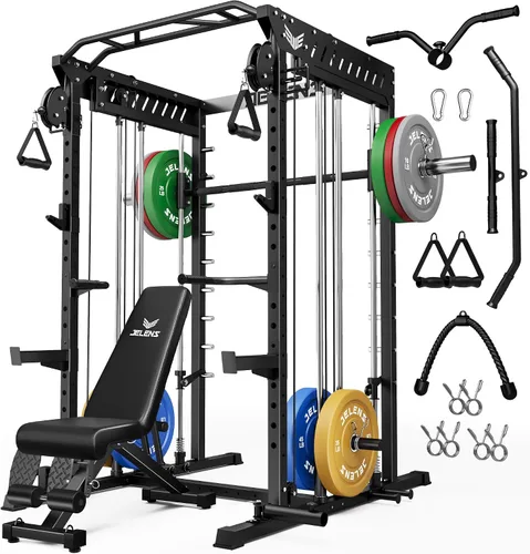 Miniatura 14 de JELENS M21 - Máquina Smith, jaula de potencia multifunción con sistema de cruce de cable de polea doble, banco de sentadillas todo en uno de 907 kg