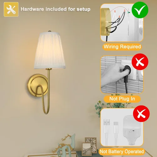 Miniatura 9 de Electro bp; Elegantes apliques de pared individuales con pantallas de lámpara de brocado plisado blanco y brazo curvo de metal dorado pulido, luz