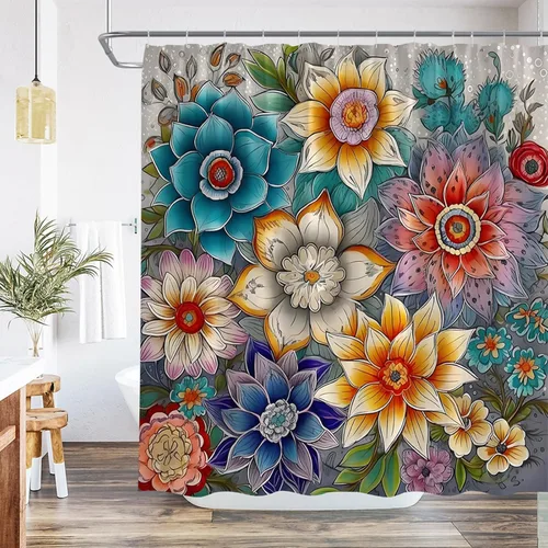 Cortina de ducha con diseño floral bohemio, flores abstractas, botánica, moderna, estética, vintage, naturaleza, tropical, multicolor, poliéster,