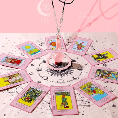 Miniatura 6 de Myripoly Juego de cartas de tarot rosa para principiantes, cartas de tarot clásicas con significados en ellas, kit de brujería de tarot de 17