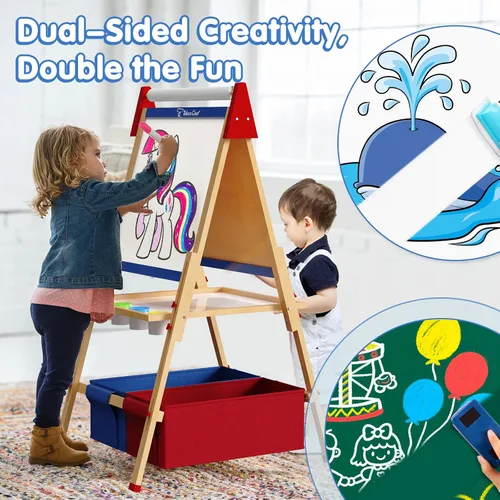 Miniatura 5 de Set de cabalete de arte para niños, tablero de dibujo ajustable de doble cara, cabalete de madera para pintar, edades 2-12, regalo de cumpleaños