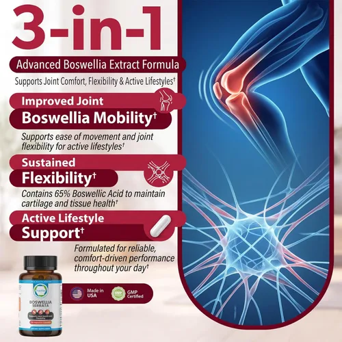 Miniatura 4 de Boswellia Serrata 600 mg 65 extracto de ácido boswélico apoya la comodidad de las articulaciones, flexibilidad y movilidad, suplemento natural
