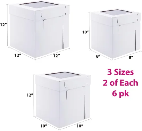 Miniatura 2 de Cajas altas para pasteles de nivel, 3 tamaños, 6 paquetes de 8 x 8 x 10, 10 x 10 x 12 y 12 x 12 x 12 pulgadas, caja de pastel alta blanca resistente