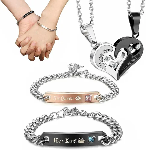 Miniatura 7 de Karlota Juego de pulseras con dije de acero inoxidable para parejas, con texto en inglés "I Love You" a juego, para novios, novias, novias, regalos