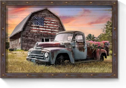 Miniatura 13 de SunFlax Arte de Lienzo de Pared de Carro Oxidado: Obra de Arte de Camión Azul Viejo Cuadro Rústico de Automóvil Pintura Vintage de Campo Antigua