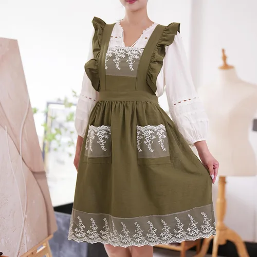Miniatura 3 de Aoomzoon Delantales vintage para mujer con bolsillos, lindo delantal ajustable de encaje con volantes para cocinar, cocina, hornear, jardinería