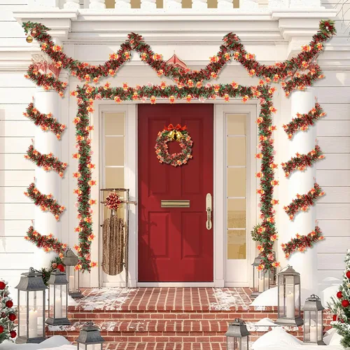 Miniatura 7 de Guirnalda de oropel de Navidad de 50 pies con adorno de hombre de jengibre, guirnalda metálica brillante roja y verde para árbol de Navidad, hogar